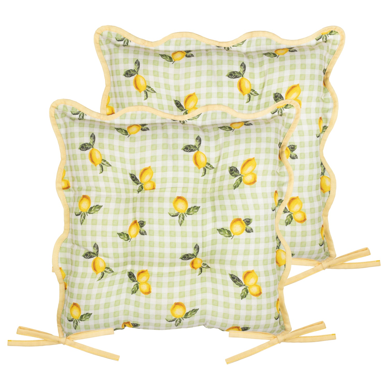 Furn Fruits Lemons Set of 2 Gingham Check 40cm x 40cm Outdoor Seat Pads Sage