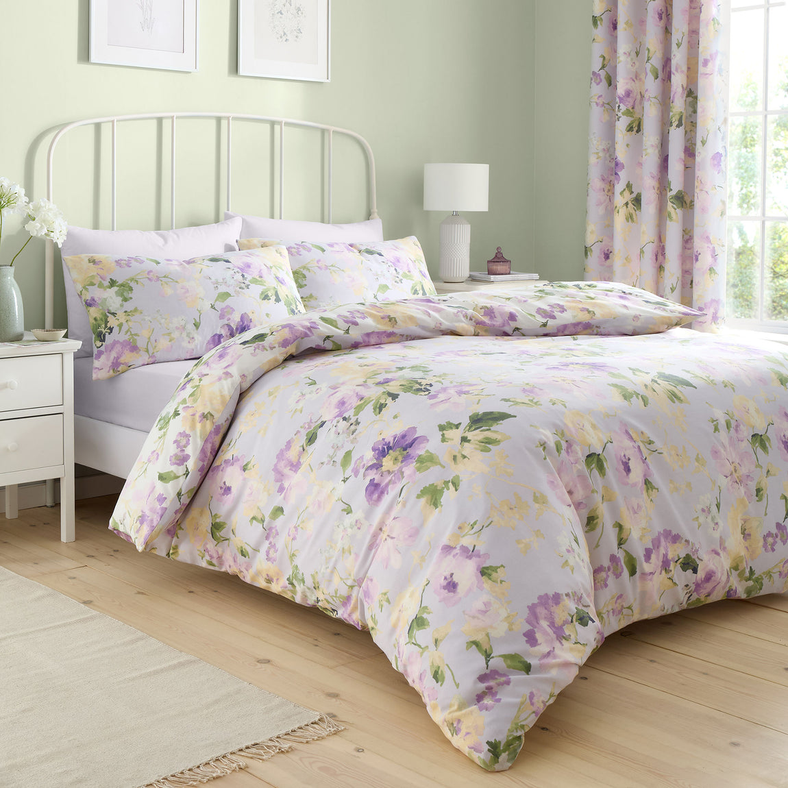 Dreams & Drapes Flourette Watercolour Floral Duvet Cover Bedding Set Lilac