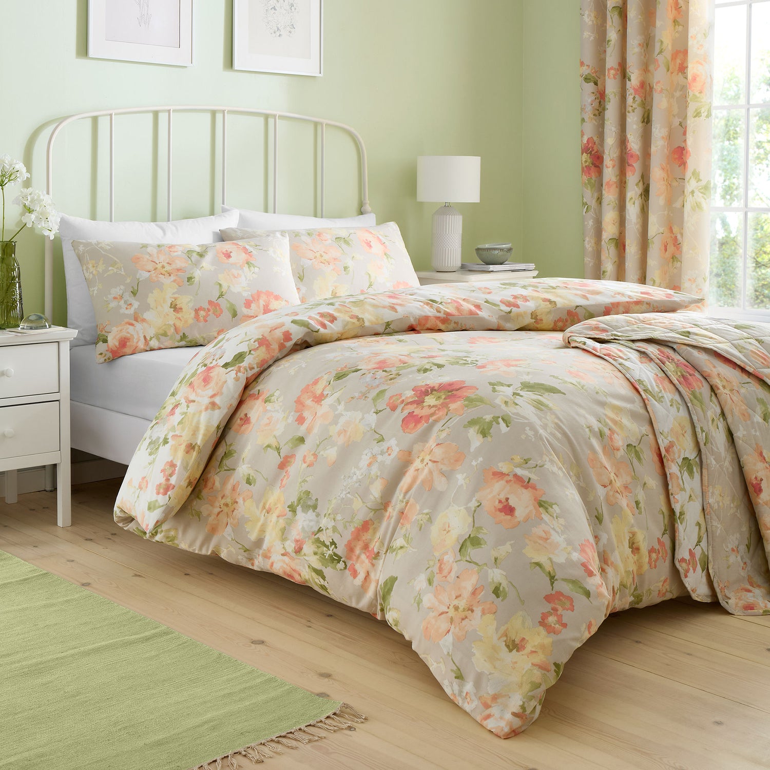Dreams & Drapes Flourette Watercolour Floral Duvet Cover Bedding Set Natural