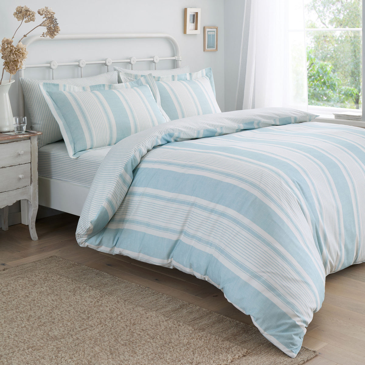 Dreams & Drapes Finlay Stripe Bed Linen Fitted Sheet Blue