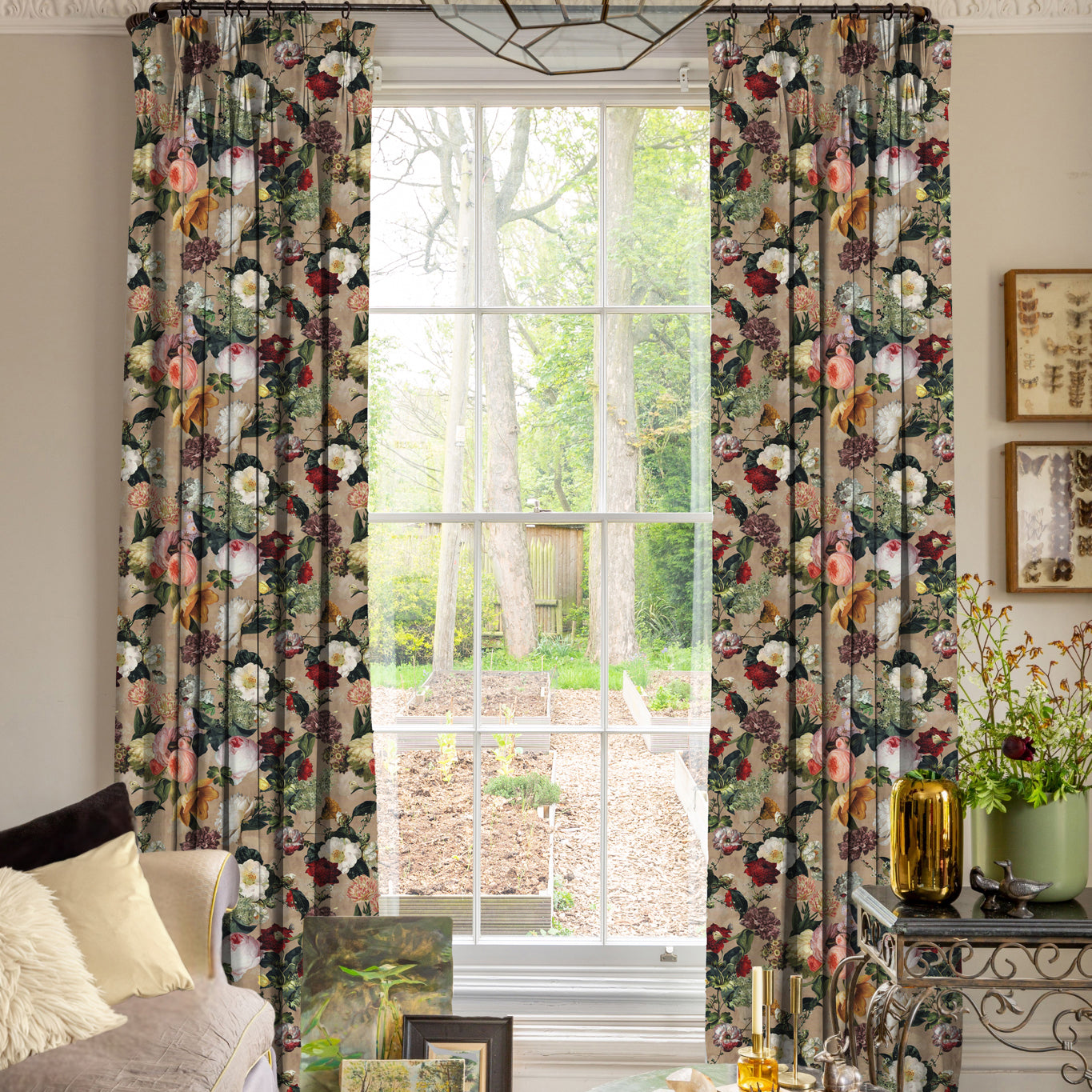 Linda Barker Florabunda Velvet Made To Measure Curtains Parchment