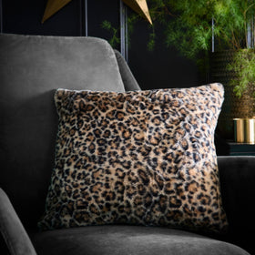 Fusion Leopard Faux Fur Filled Cushion 43cm x 43cm Natural
