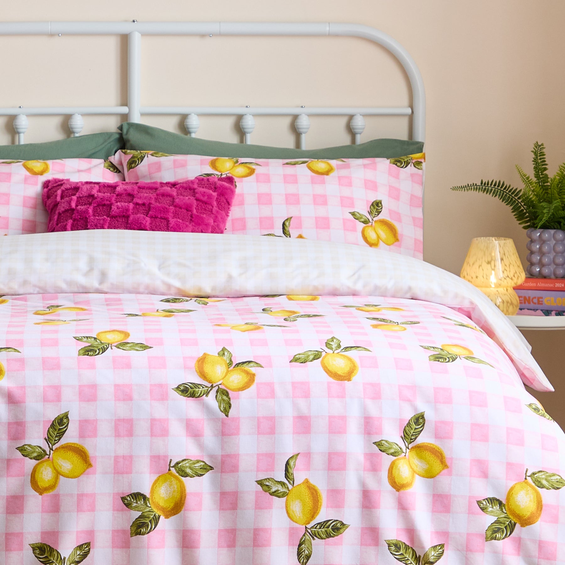 Gingham Lemons Duvet Cover Bedding Set Pink