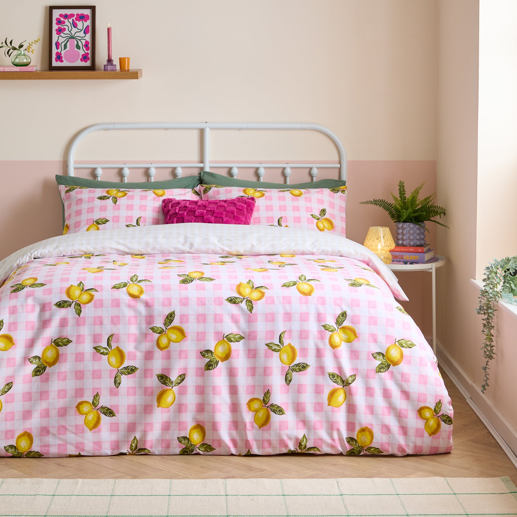 Gingham Lemons Duvet Cover Bedding Set Pink
