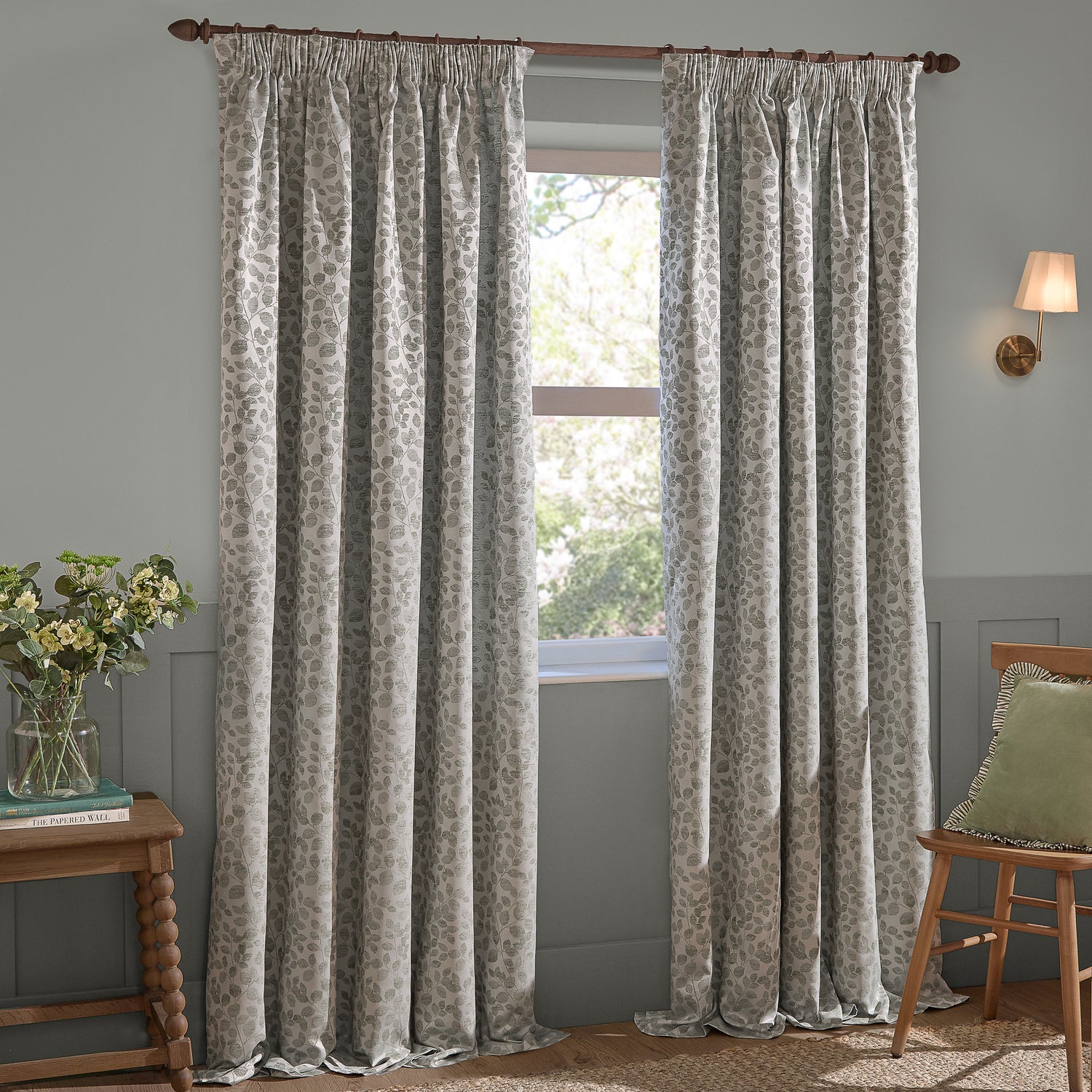 Wylder Grace Leaf Jacquard Ready Made Pencil Pleat Curtains Mist Grey