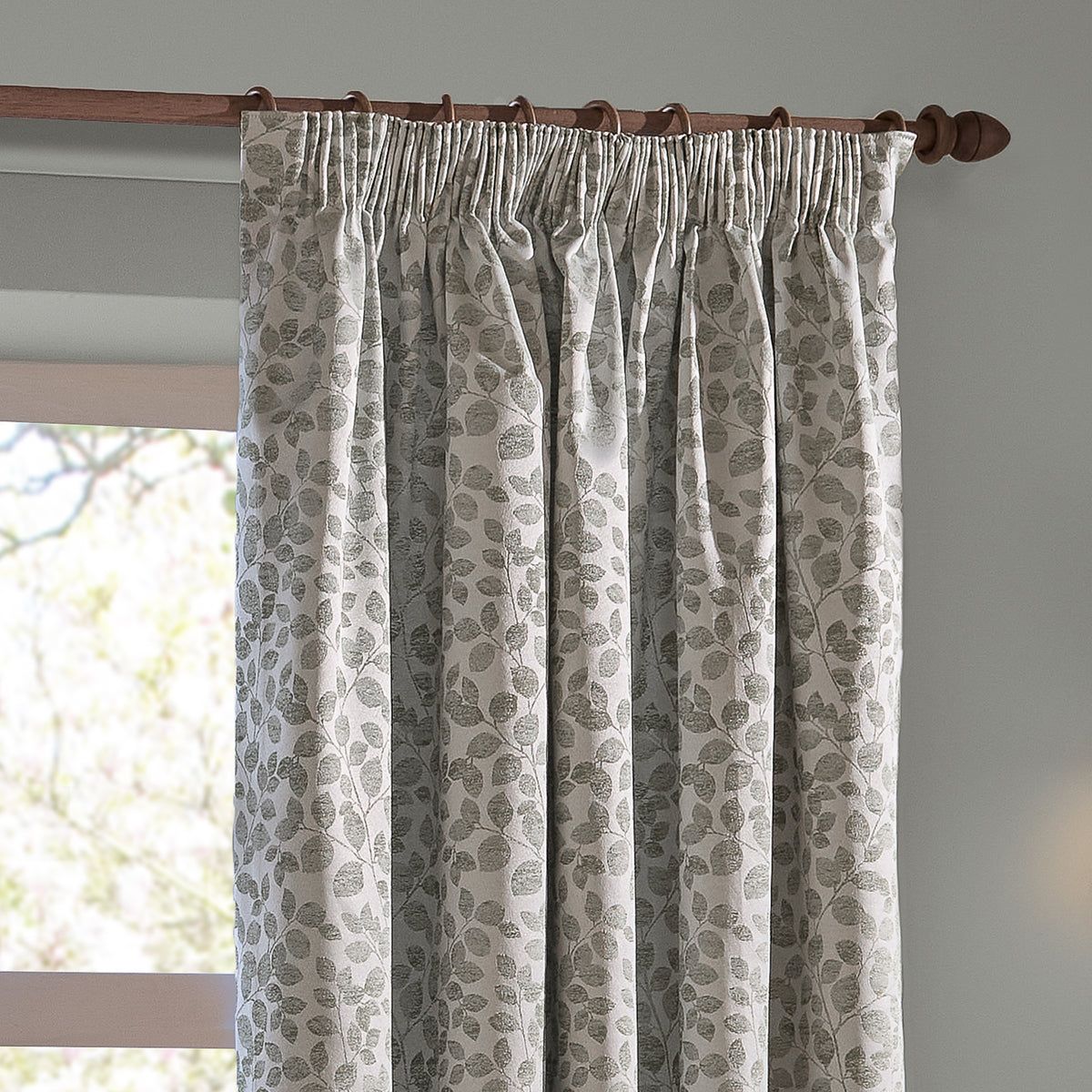 Wylder Grace Leaf Jacquard Ready Made Pencil Pleat Curtains Mist Grey