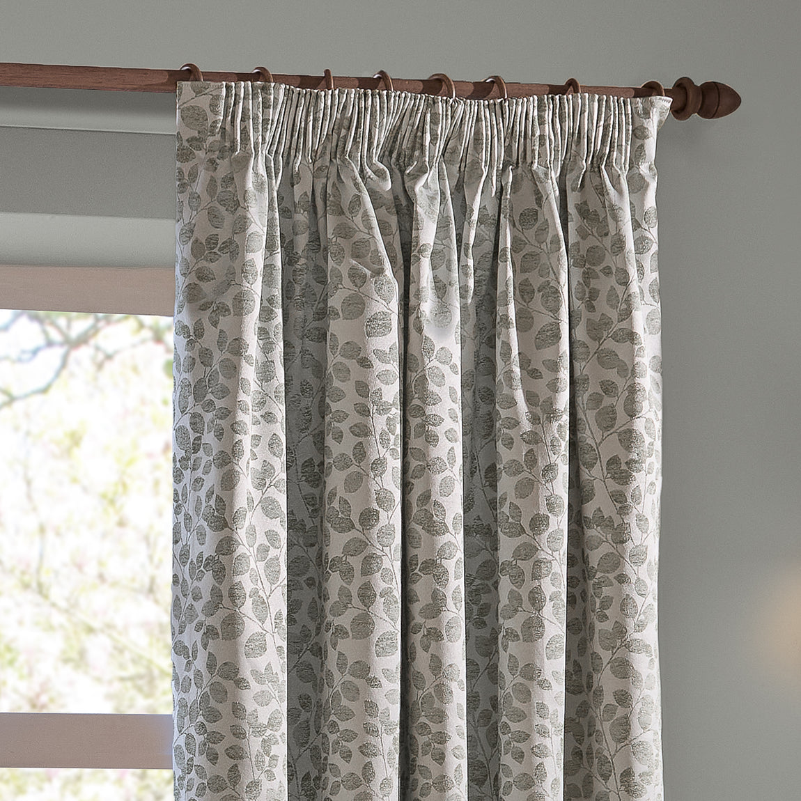 Wylder Grace Leaf Jacquard Ready Made Pencil Pleat Curtains Mist Grey