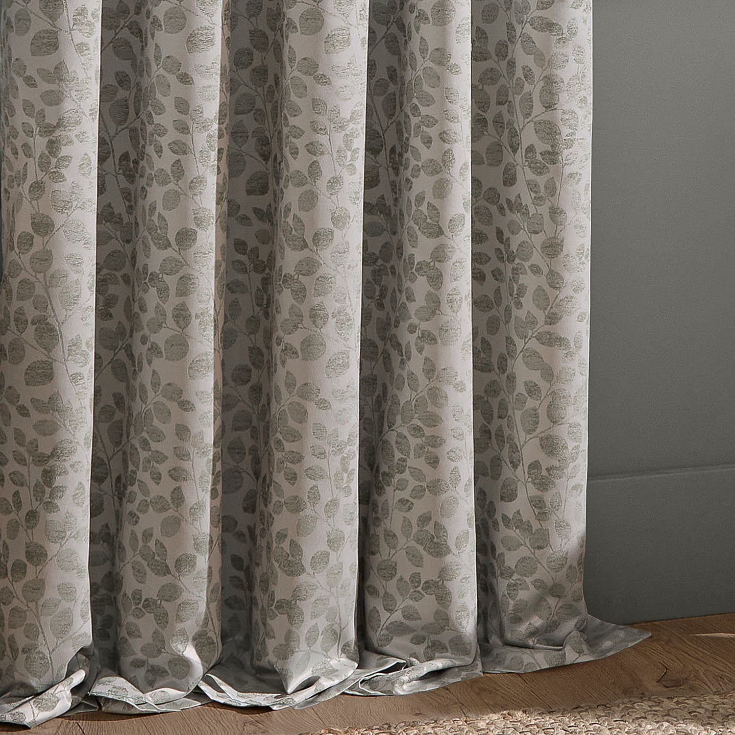 Wylder Grace Leaf Jacquard Ready Made Pencil Pleat Curtains Mist Grey