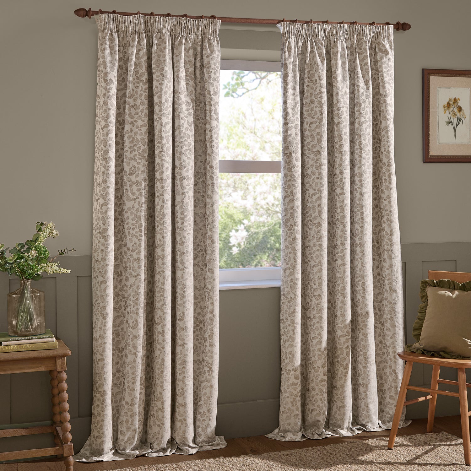 Wylder Grace Leaf Jacquard Ready Made Pencil Pleat Curtains Natural