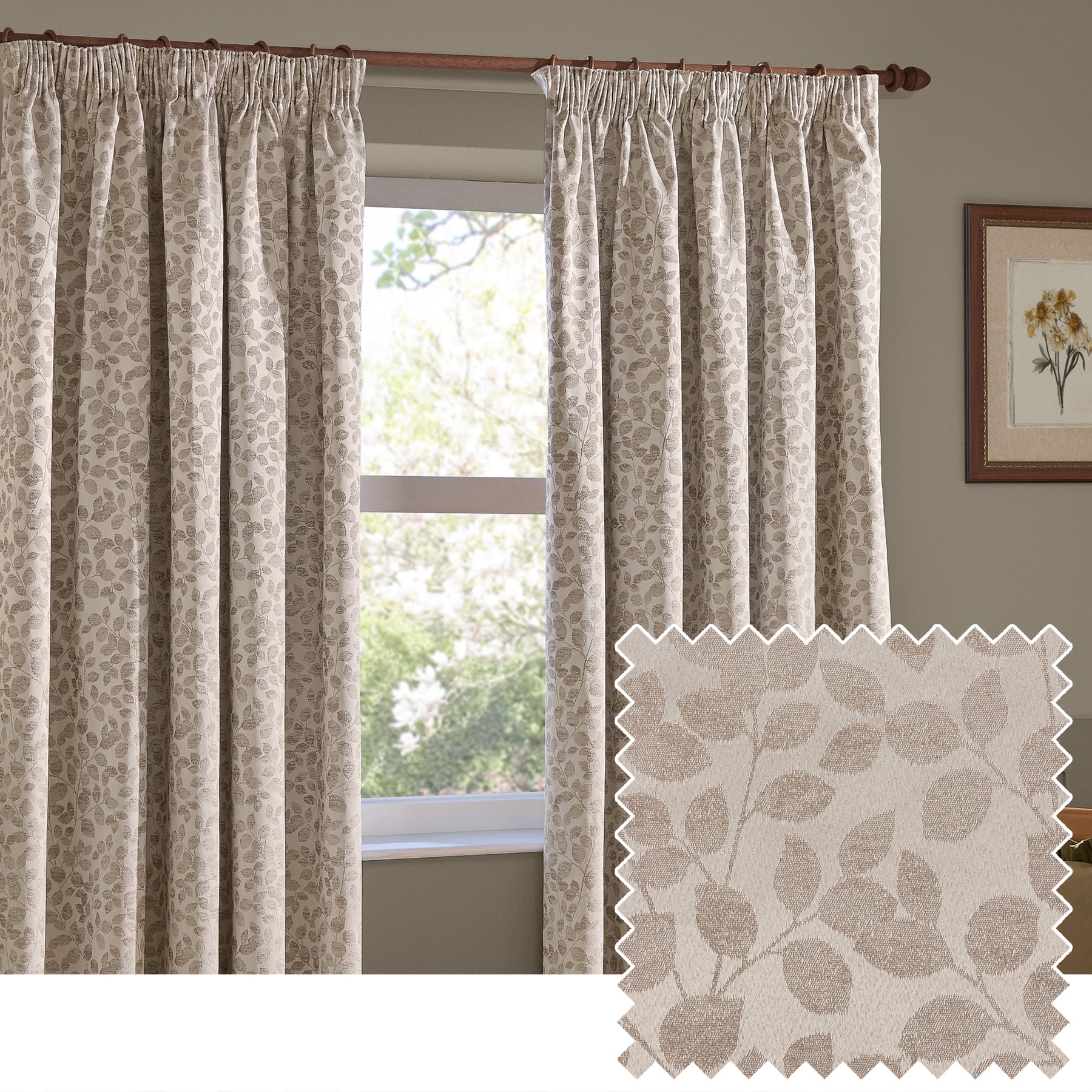 Wylder Grace Leaf Jacquard Ready Made Pencil Pleat Curtains Natural