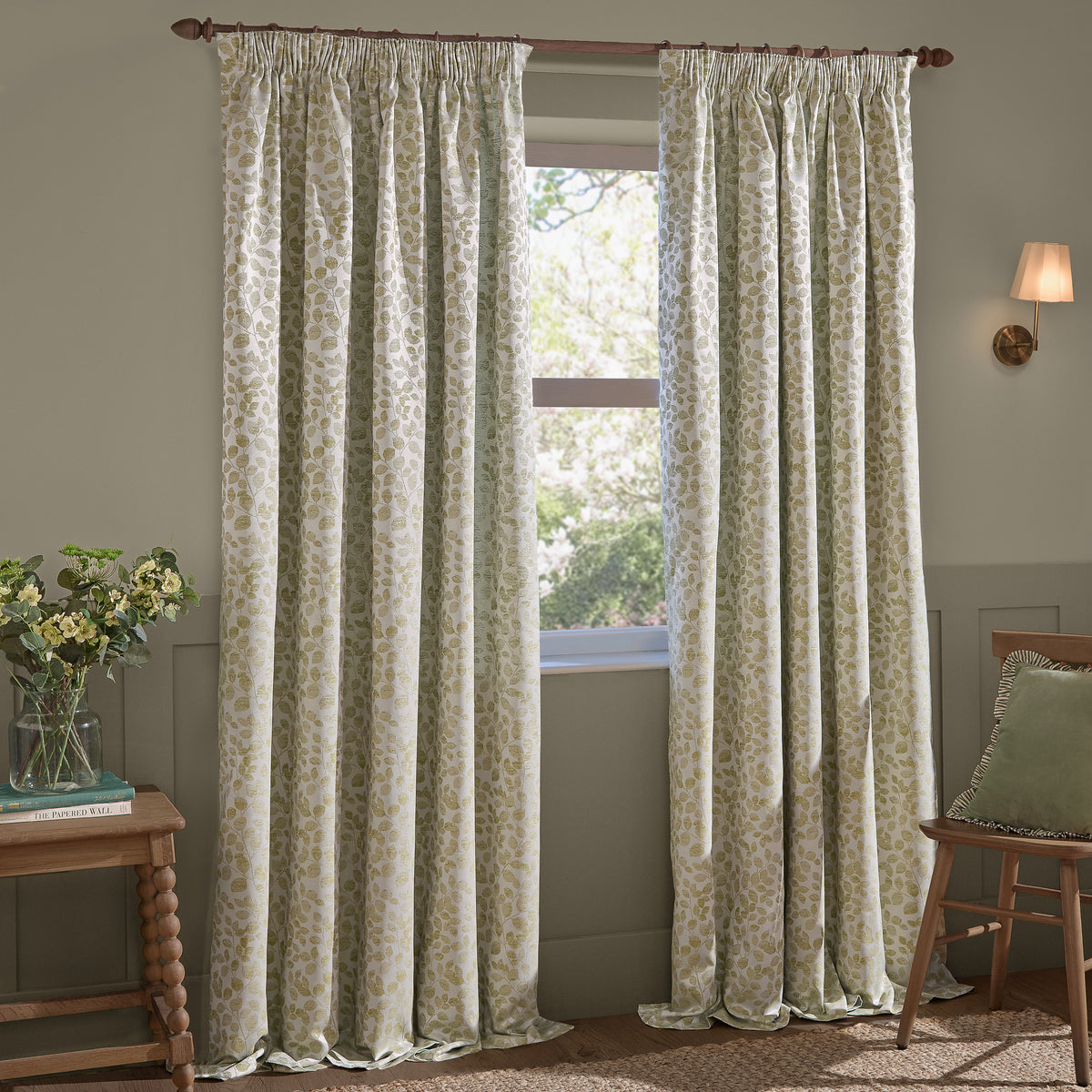 Wylder Grace Leaf Jacquard Ready Made Pencil Pleat Curtains Sage