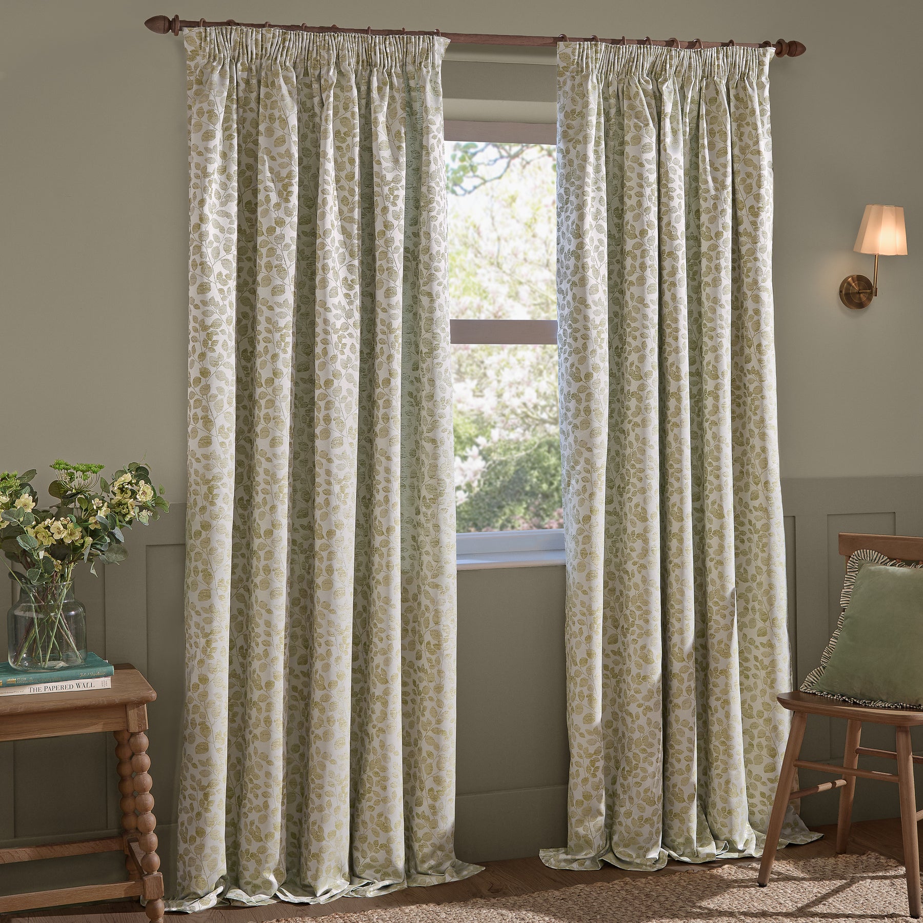 Wylder Grace Leaf Jacquard Ready Made Pencil Pleat Curtains Sage