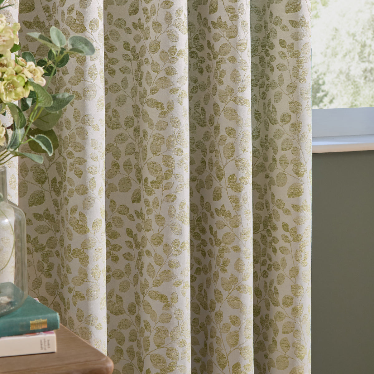 Wylder Grace Leaf Jacquard Ready Made Pencil Pleat Curtains Sage