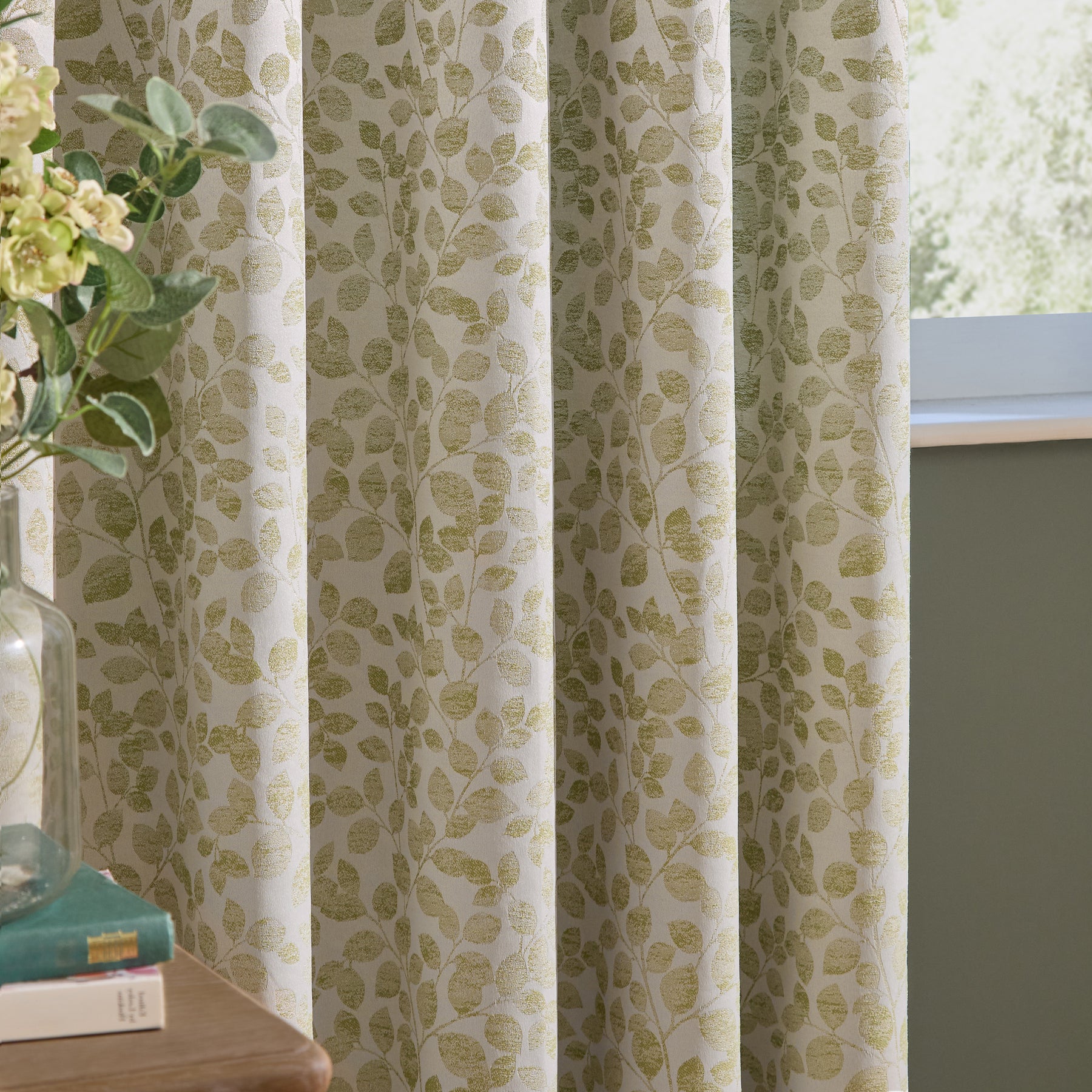 Wylder Grace Leaf Jacquard Ready Made Pencil Pleat Curtains Sage