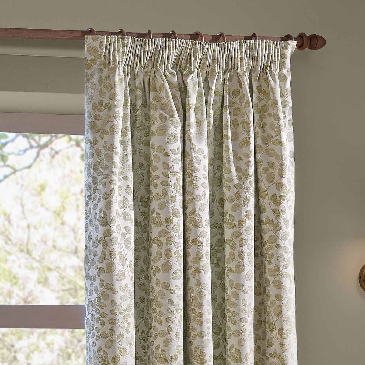 Wylder Grace Leaf Jacquard Ready Made Pencil Pleat Curtains Sage