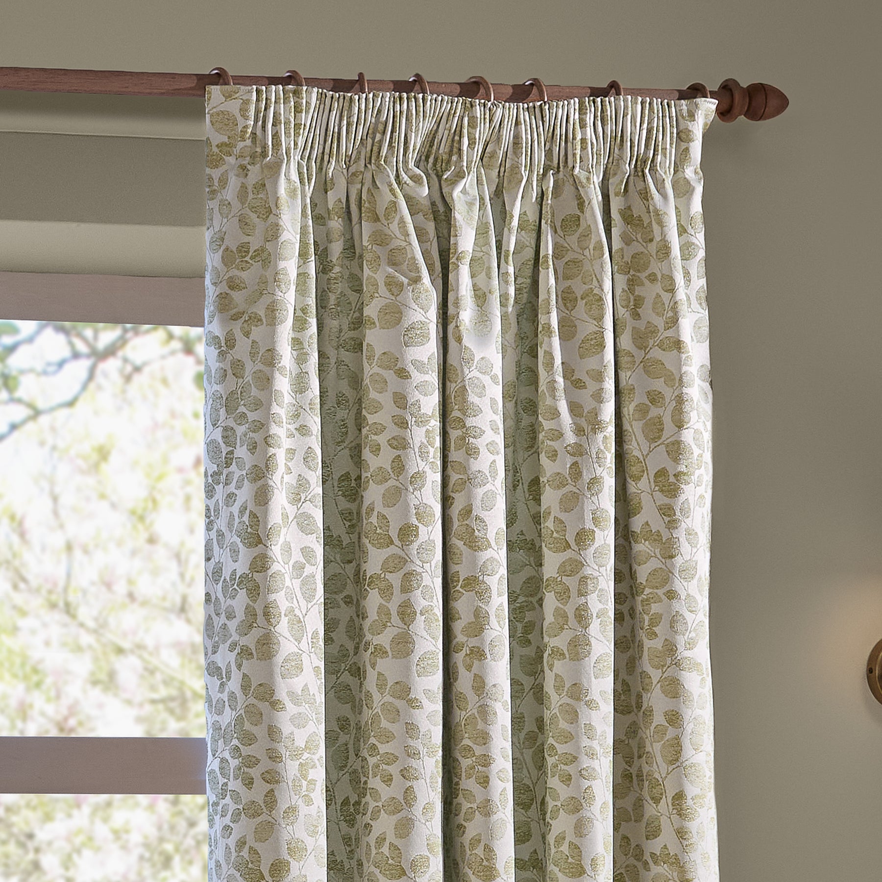 Wylder Grace Leaf Jacquard Ready Made Pencil Pleat Curtains Sage