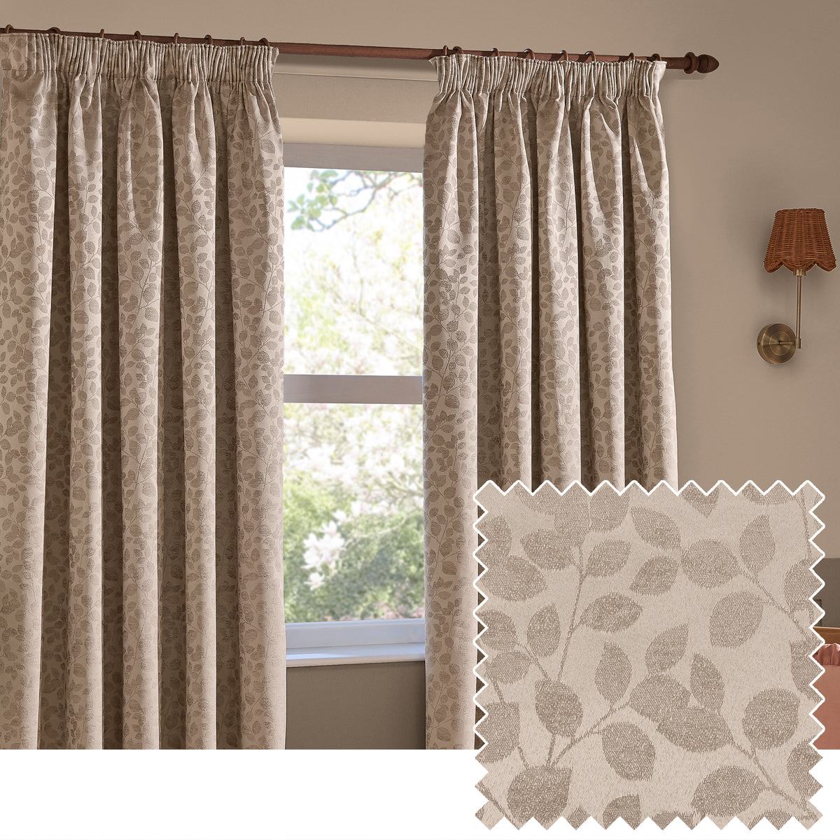 Wylder Grace Leaf Jacquard Ready Made Pencil Pleat Curtains Taupe