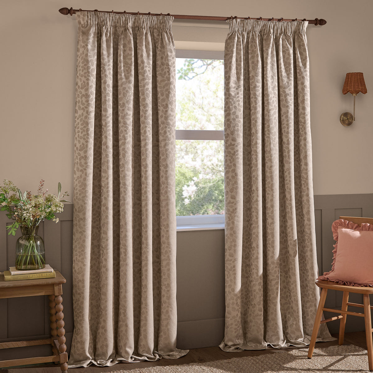 Wylder Grace Leaf Jacquard Ready Made Pencil Pleat Curtains Taupe