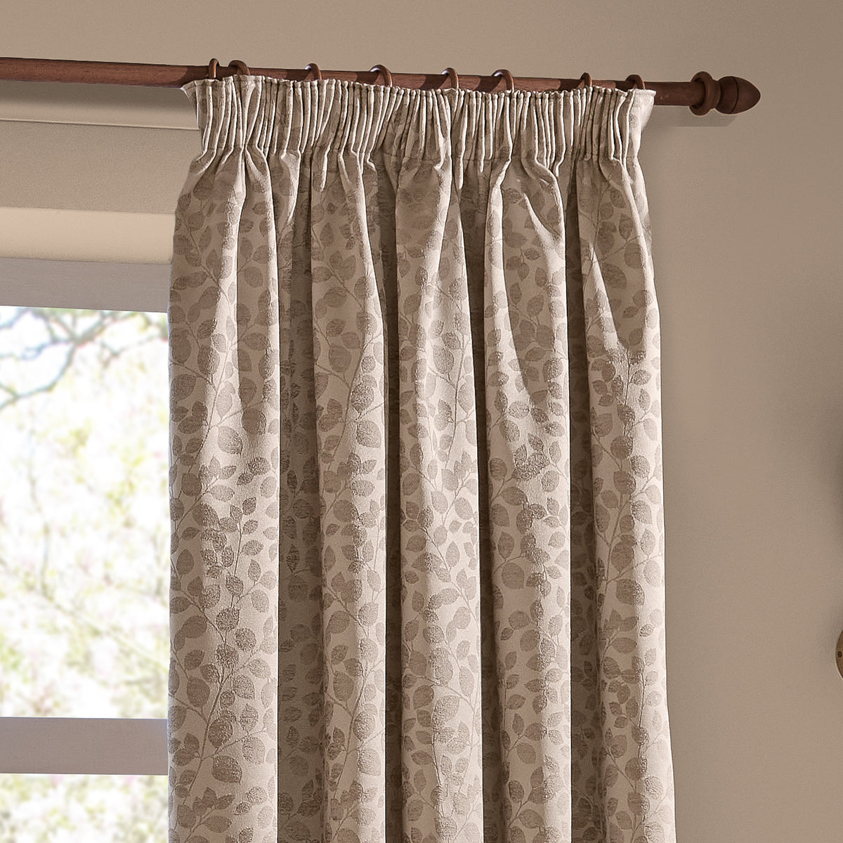 Wylder Grace Leaf Jacquard Ready Made Pencil Pleat Curtains Taupe