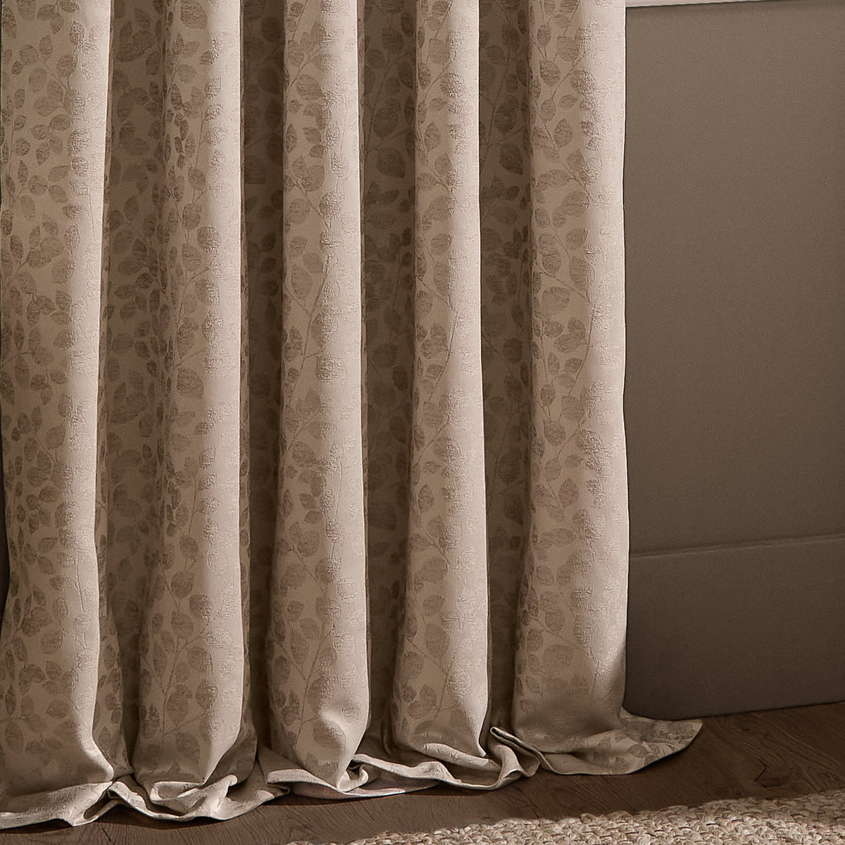 Wylder Grace Leaf Jacquard Ready Made Pencil Pleat Curtains Taupe