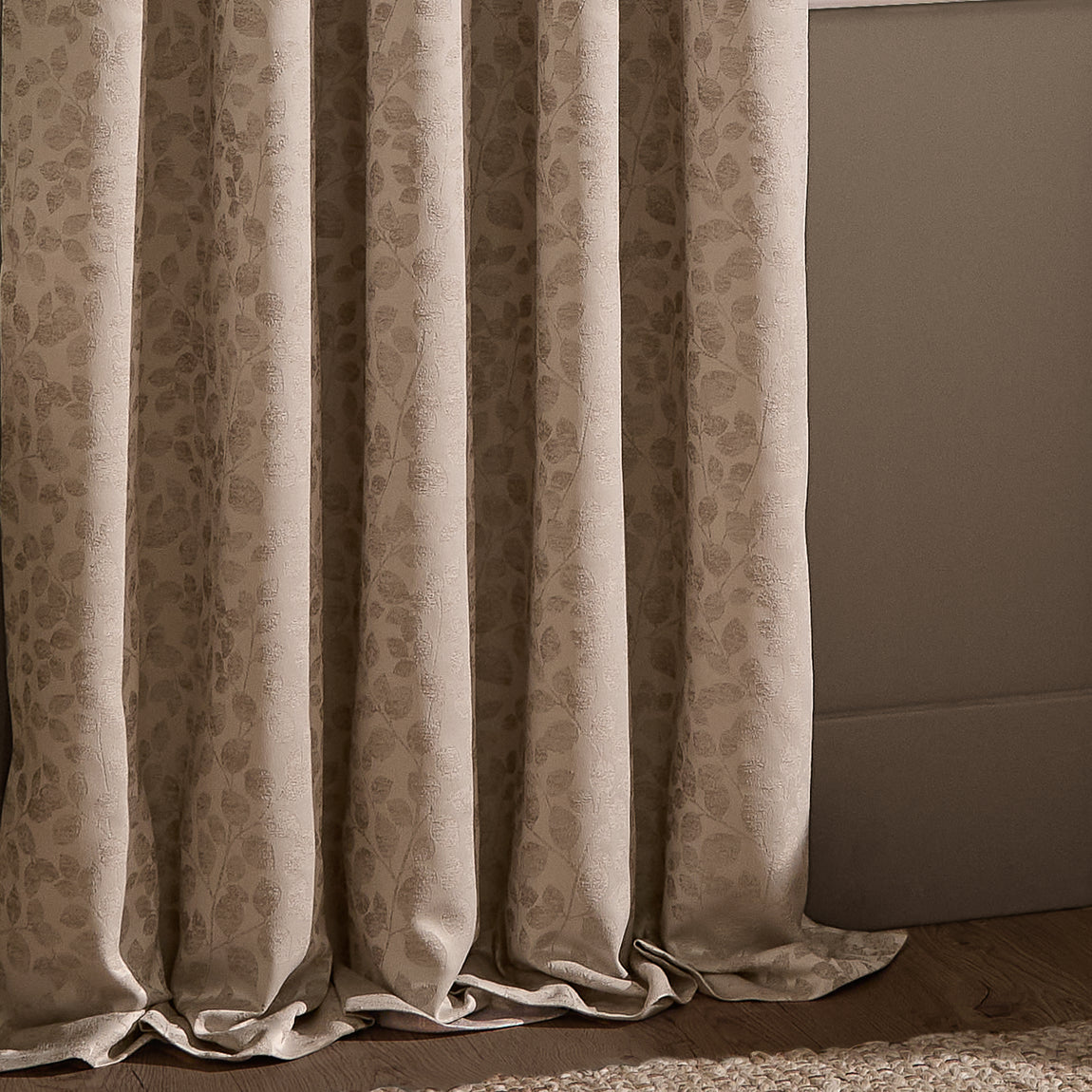 Wylder Grace Leaf Jacquard Ready Made Pencil Pleat Curtains Taupe