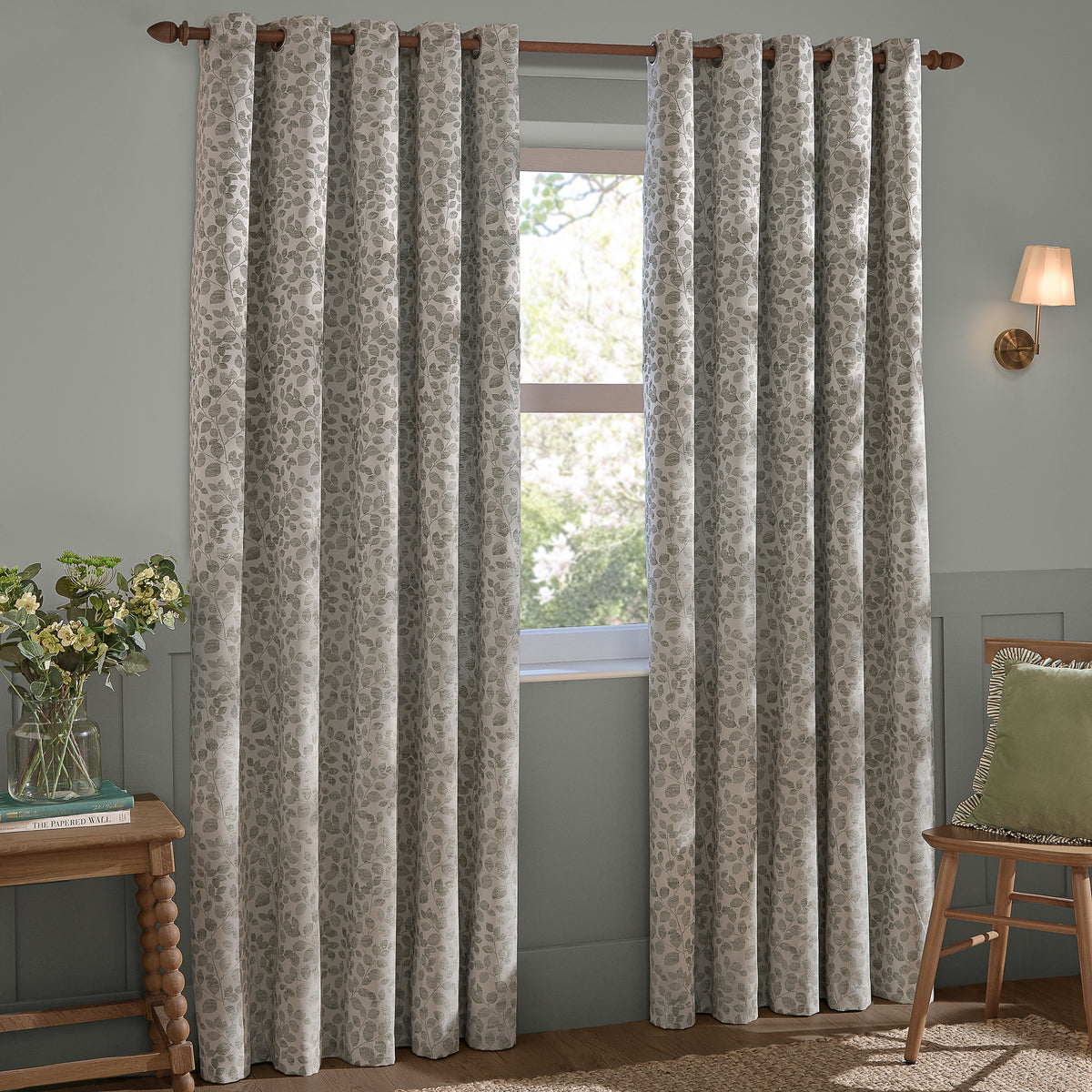 Wylder Grace Leaf Jacquard Ready Made Eyelet Curtains Mist Grey