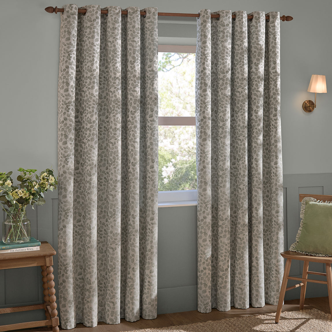 Wylder Grace Leaf Jacquard Ready Made Eyelet Curtains Mist Grey