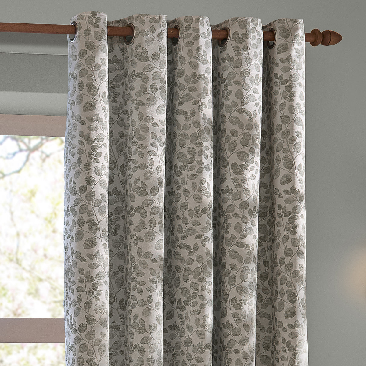 Wylder Grace Leaf Jacquard Ready Made Eyelet Curtains Mist Grey
