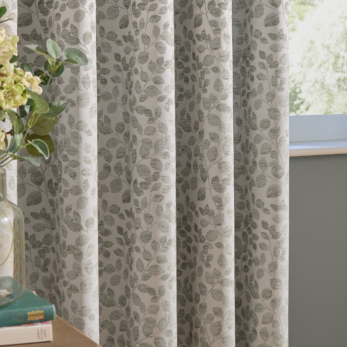Wylder Grace Leaf Jacquard Ready Made Eyelet Curtains Mist Grey