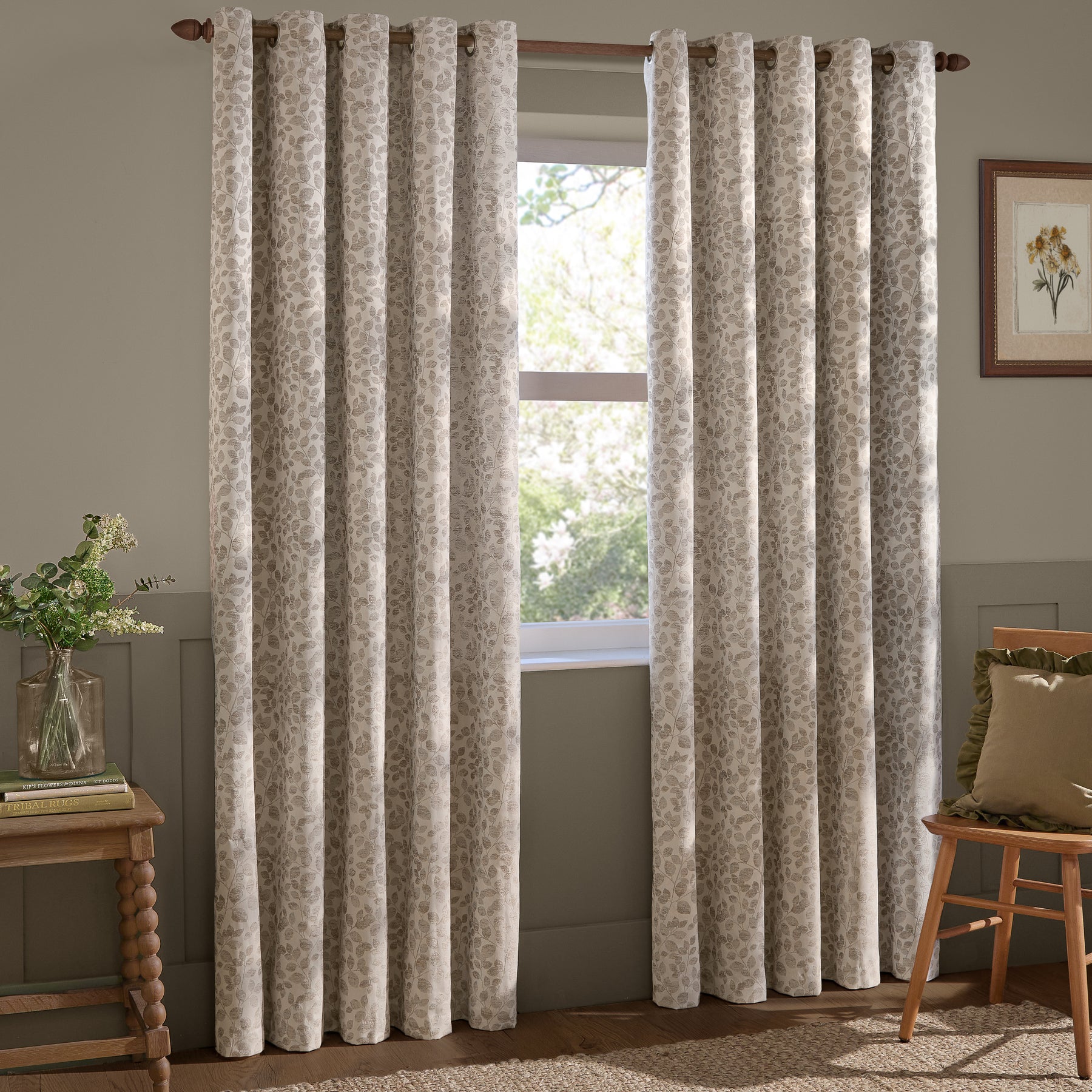 Wylder Grace Leaf Jacquard Ready Made Eyelet Curtains Natural