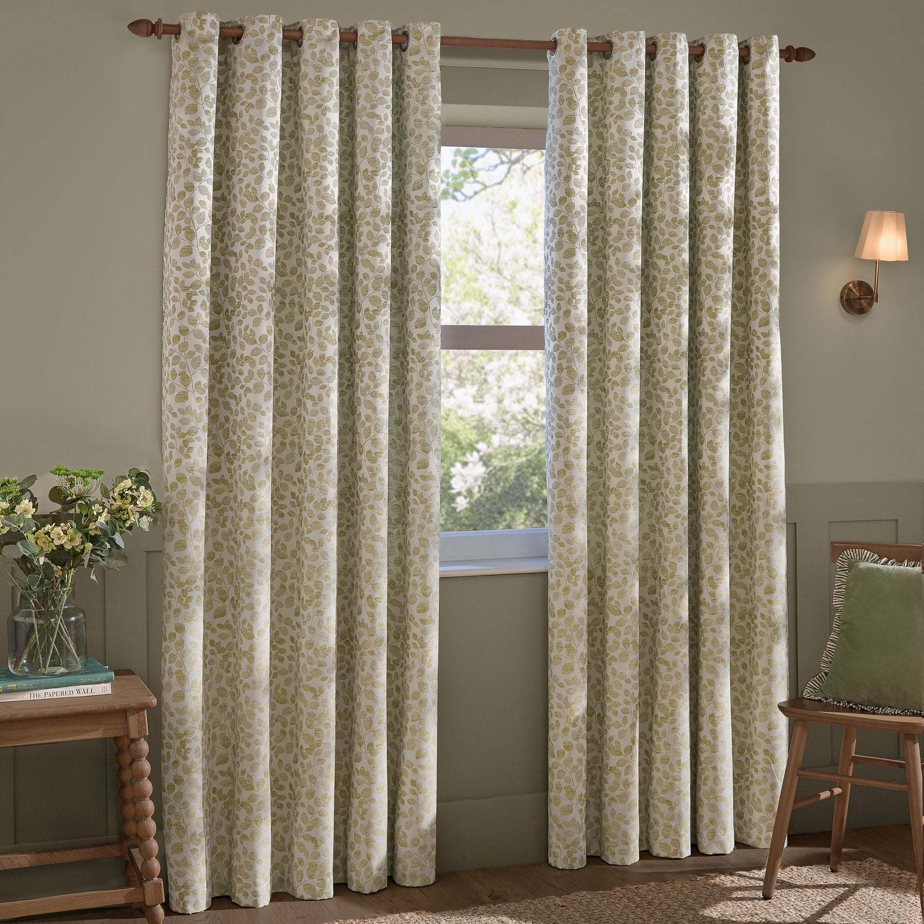 Wylder Grace Leaf Jacquard Ready Made Eyelet Curtains Sage