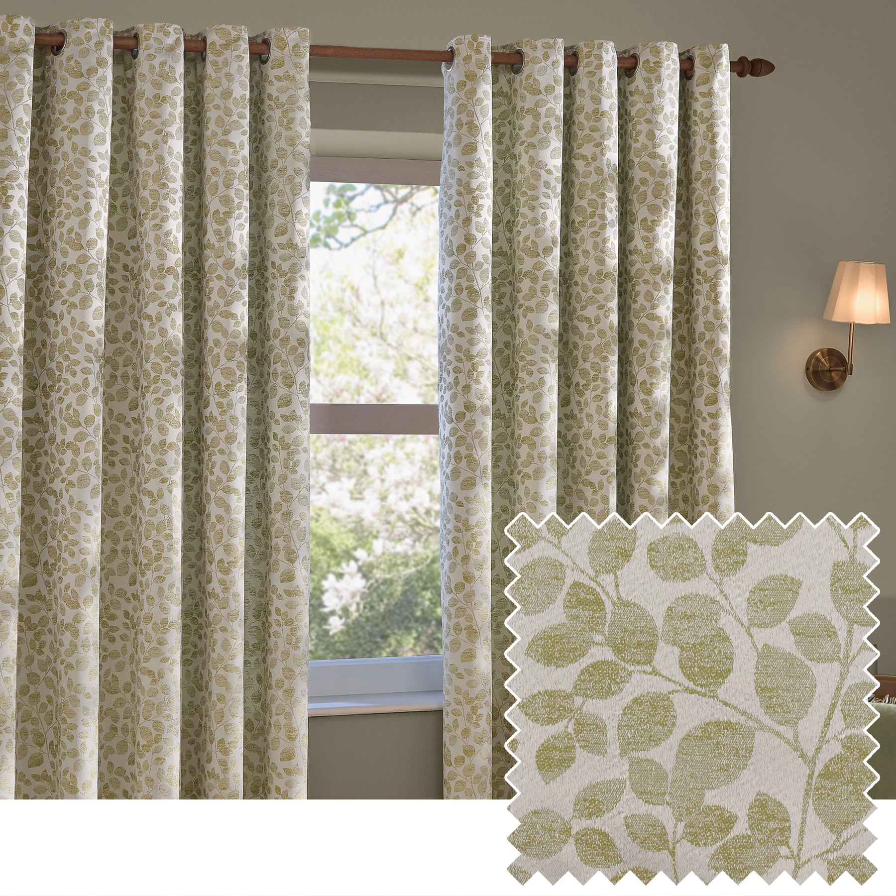 Wylder Grace Leaf Jacquard Ready Made Eyelet Curtains Sage