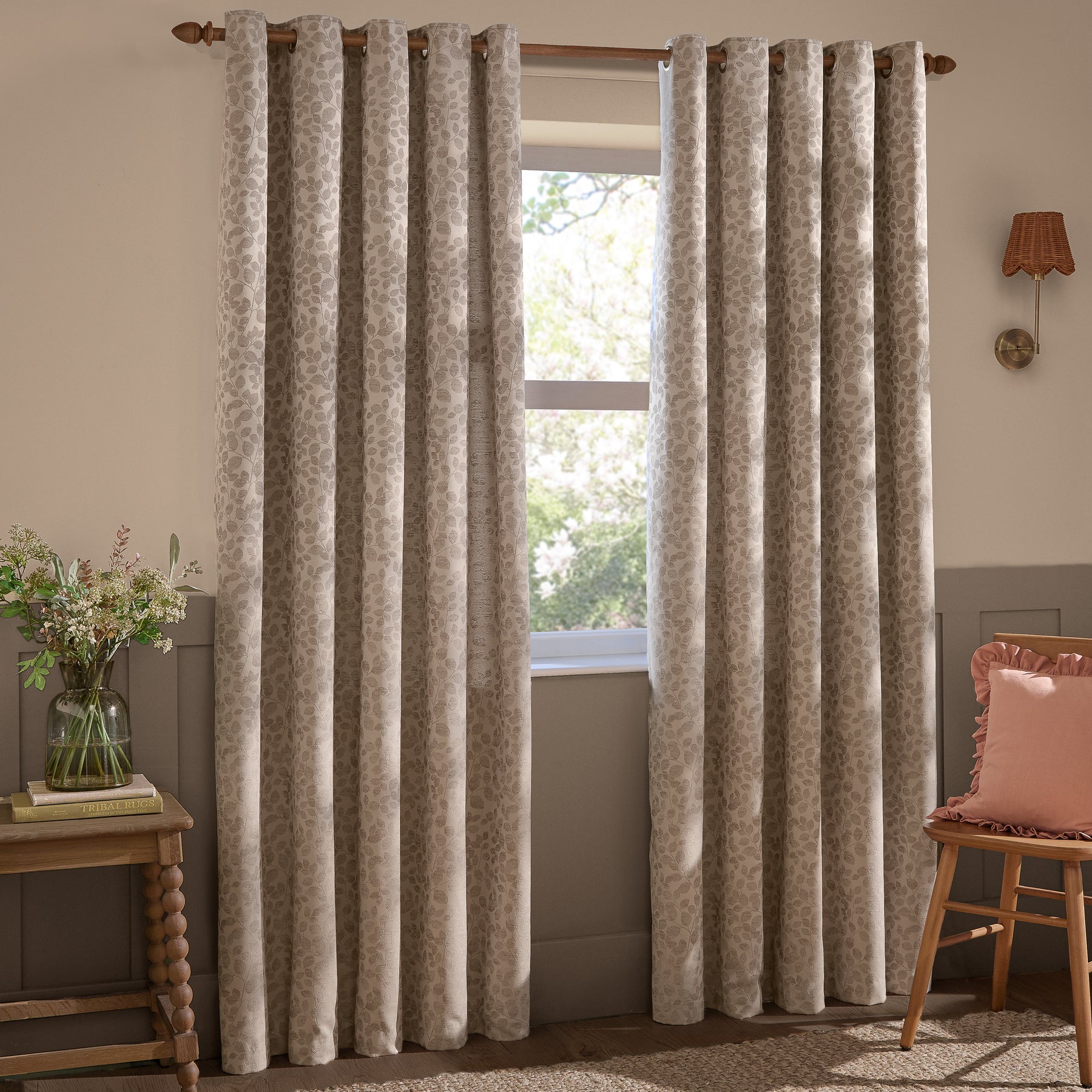 Wylder Grace Leaf Jacquard Ready Made Eyelet Curtains Taupe
