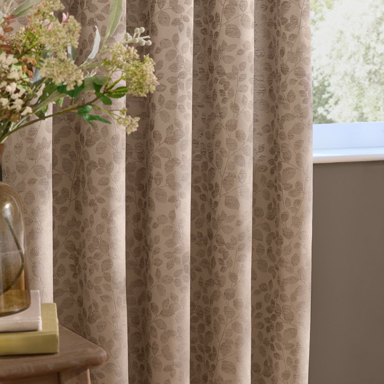 Wylder Grace Leaf Jacquard Ready Made Eyelet Curtains Taupe