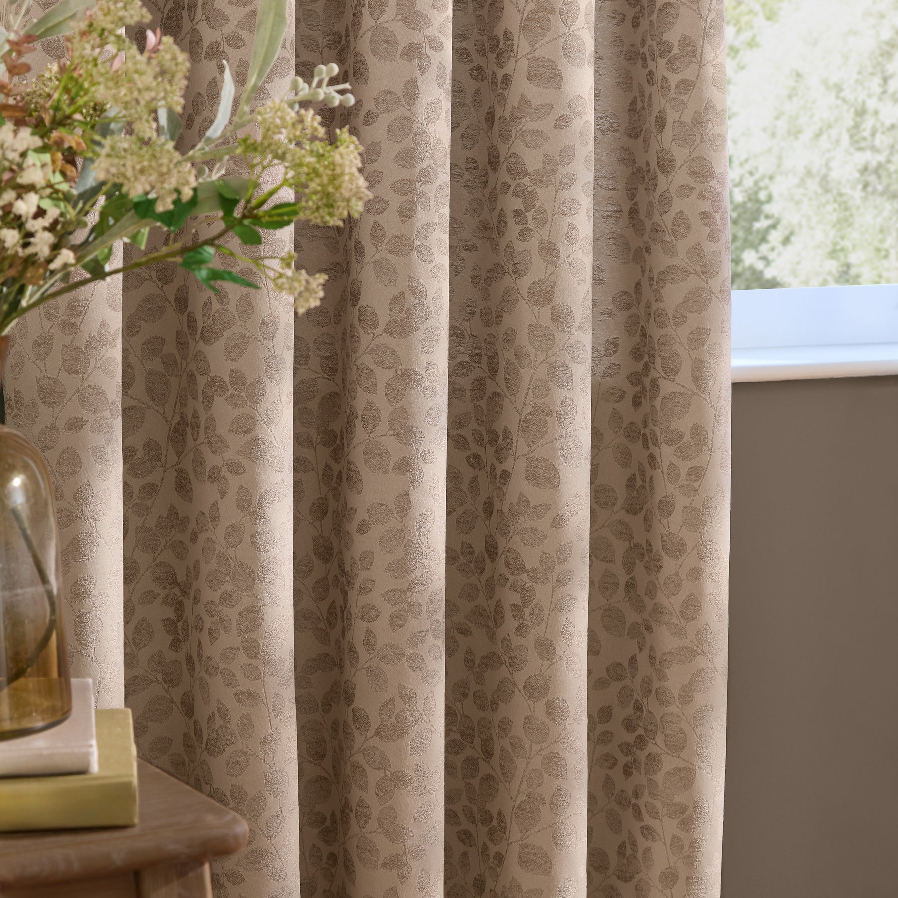 Wylder Grace Leaf Jacquard Ready Made Eyelet Curtains Taupe