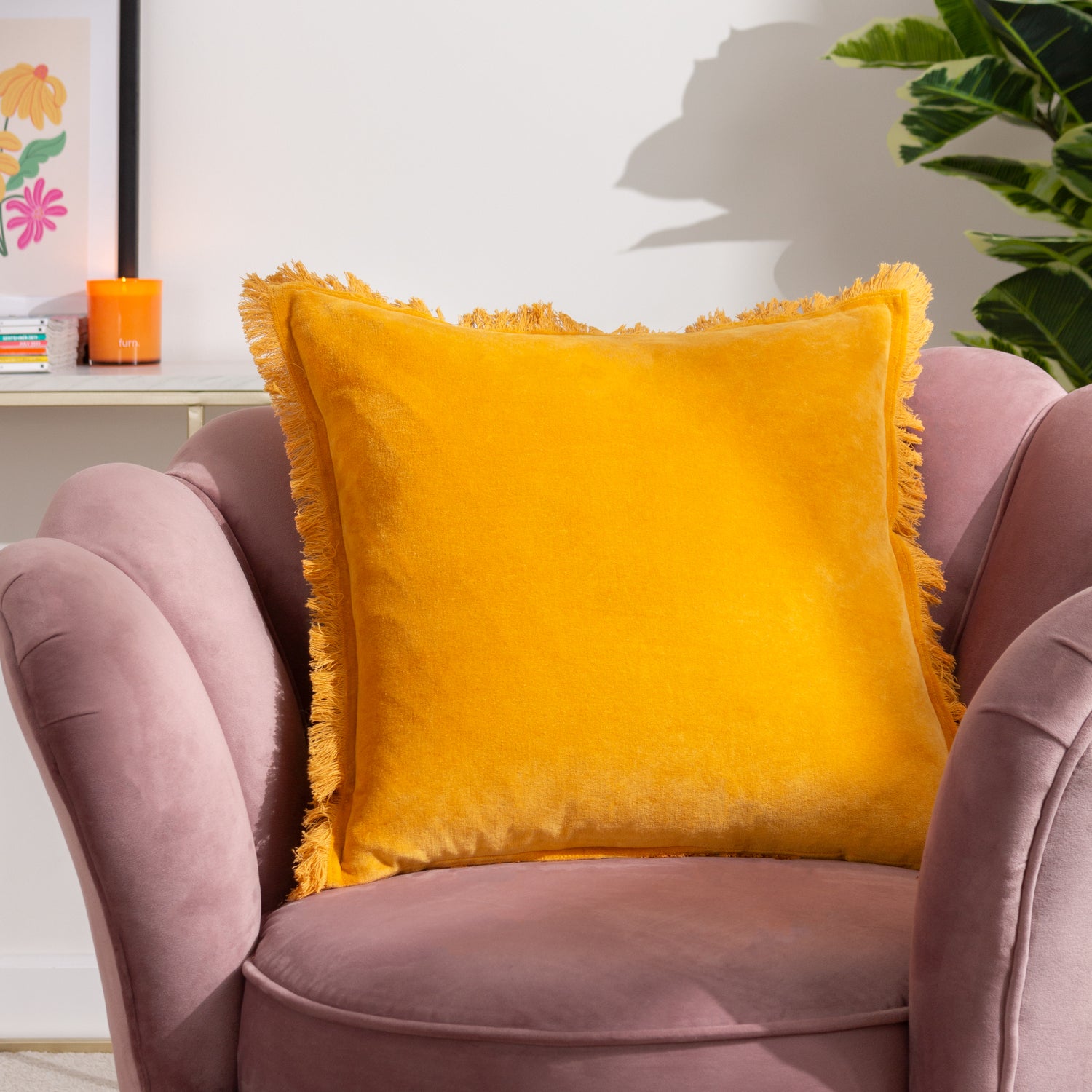 Furn. Gracie Velvet Fringed 45cm x 45cm Filled Cushion Mustard