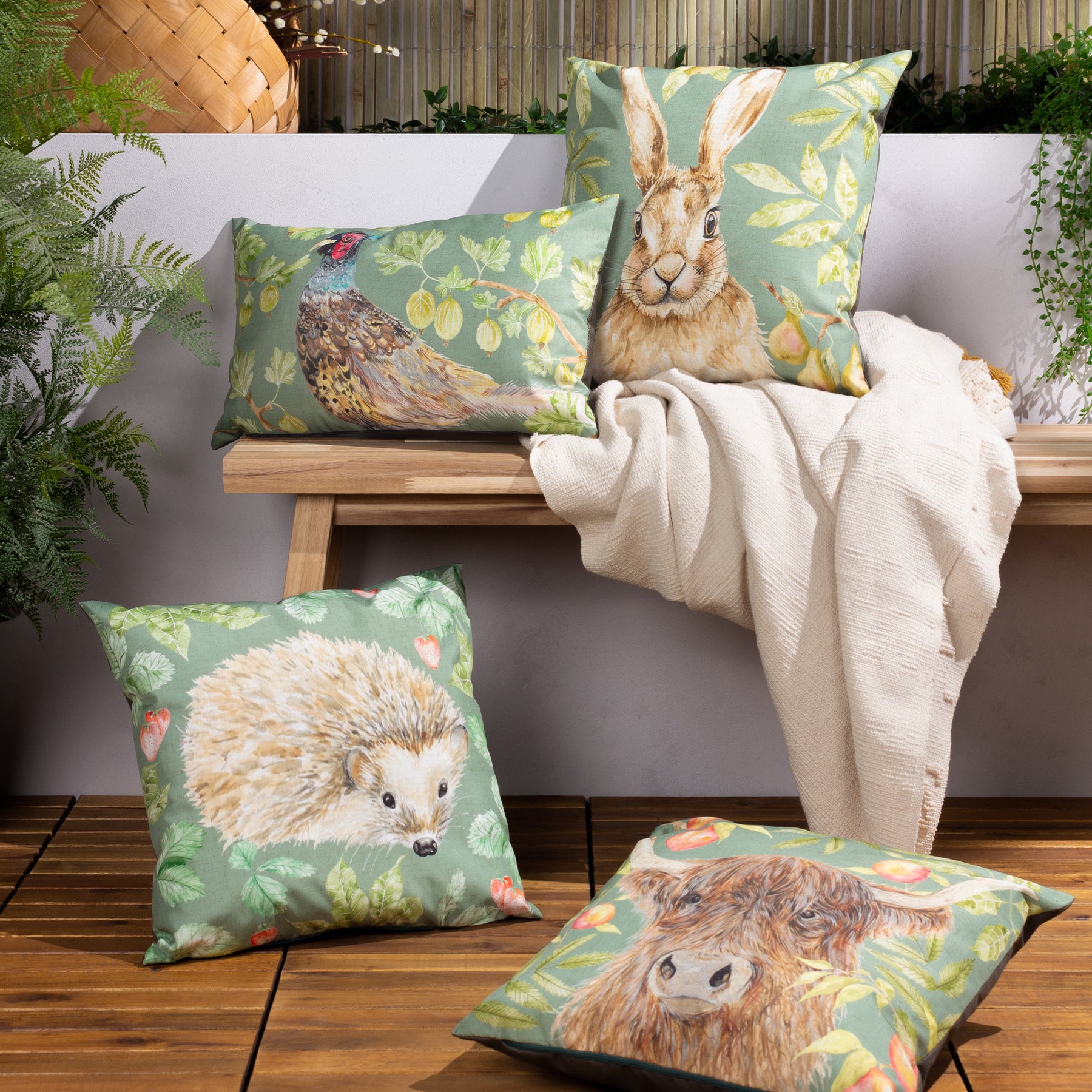Grove Hedgehogs Outdoor Filled Cushion 43cm x 43cm Olive