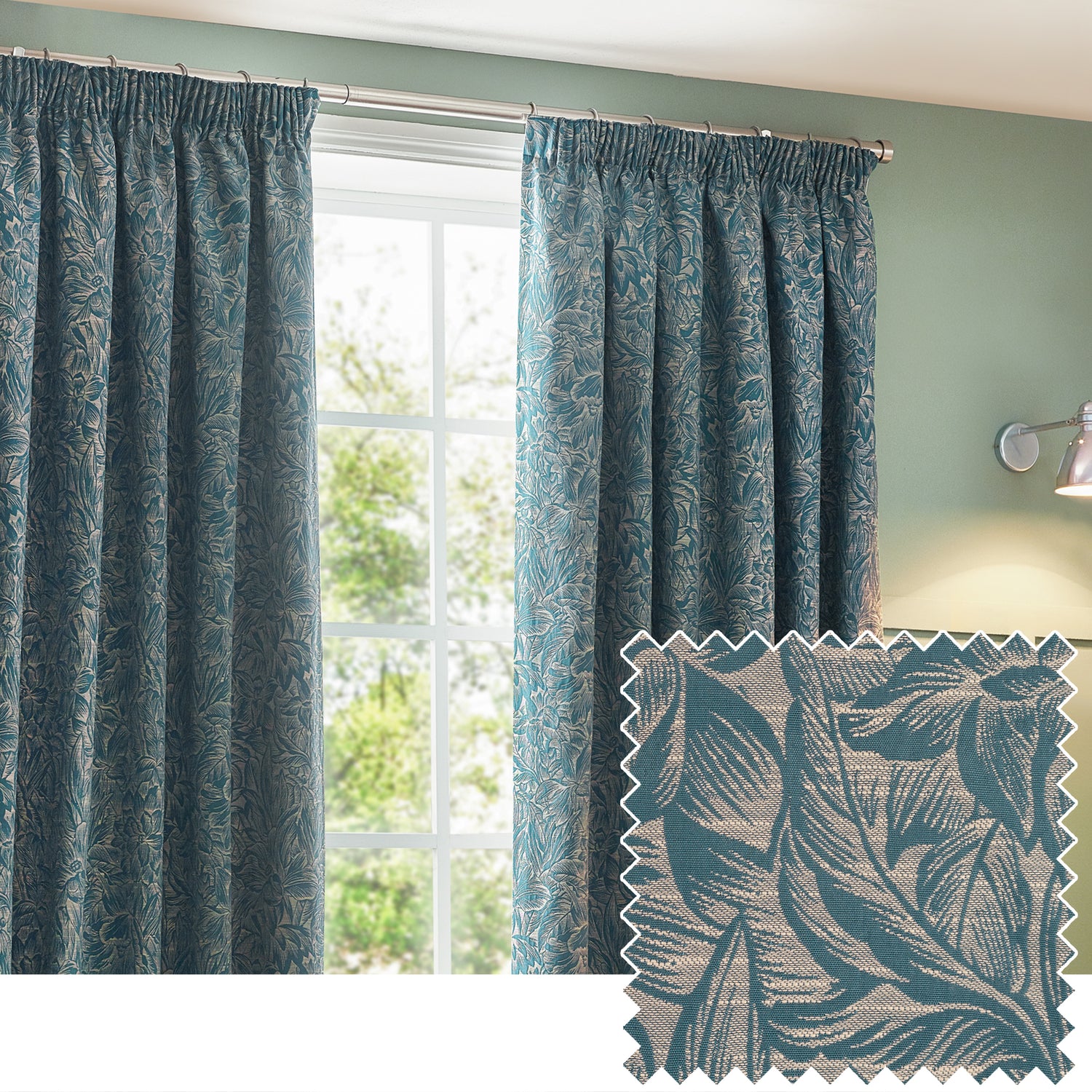 Grantley Jacquard Ready Made Pencil Pleat Curtains Wedgewood