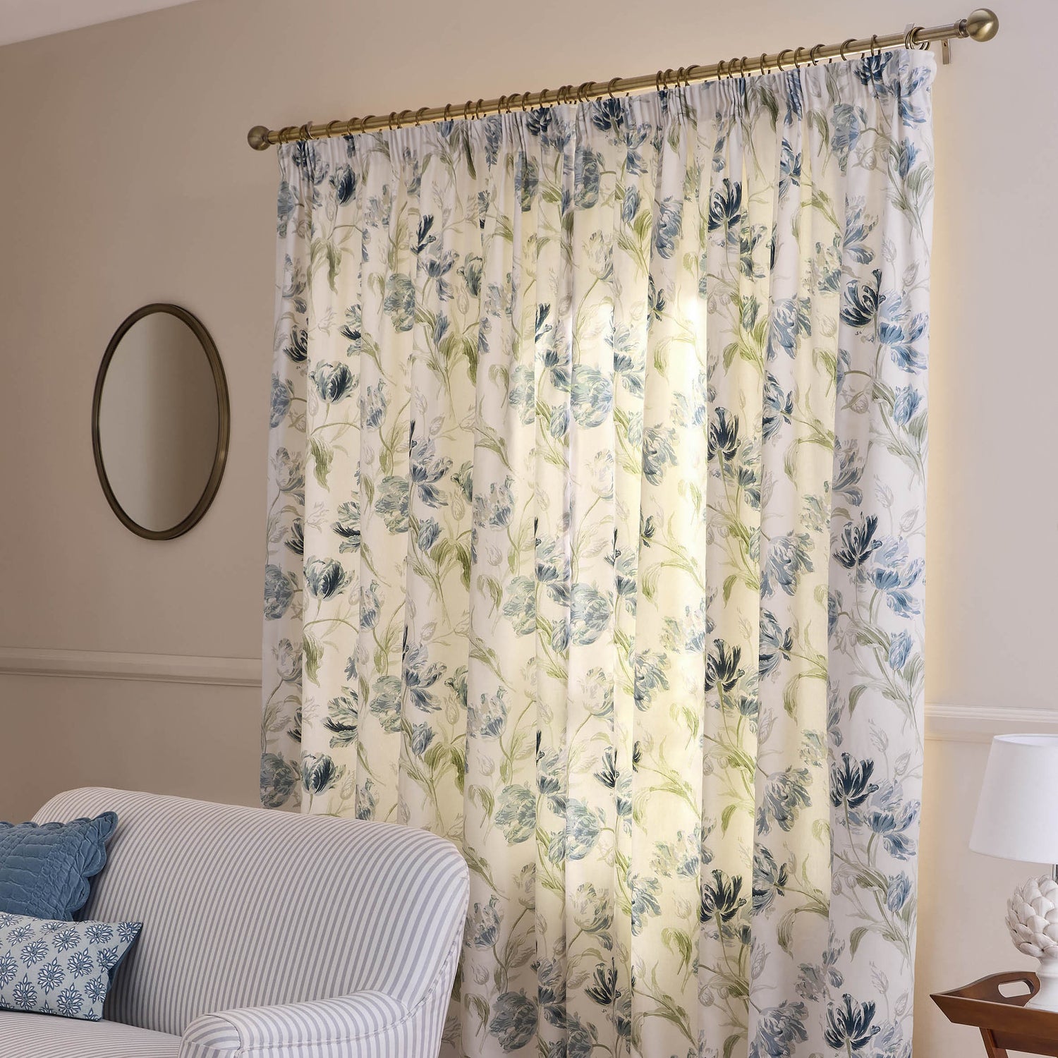 Laura Ashley Gosford Ready Made Pencil Pleat Curtains Heritage Blue