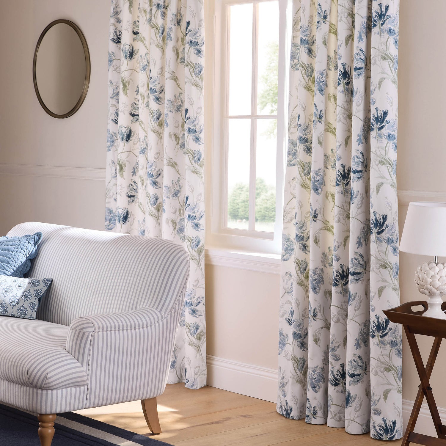 Laura Ashley Gosford Ready Made Pencil Pleat Curtains Heritage Blue