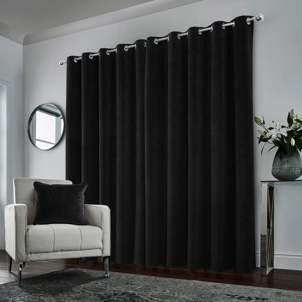 Hampton Velvet Ready Made Blackout Eyelet Curtains Black