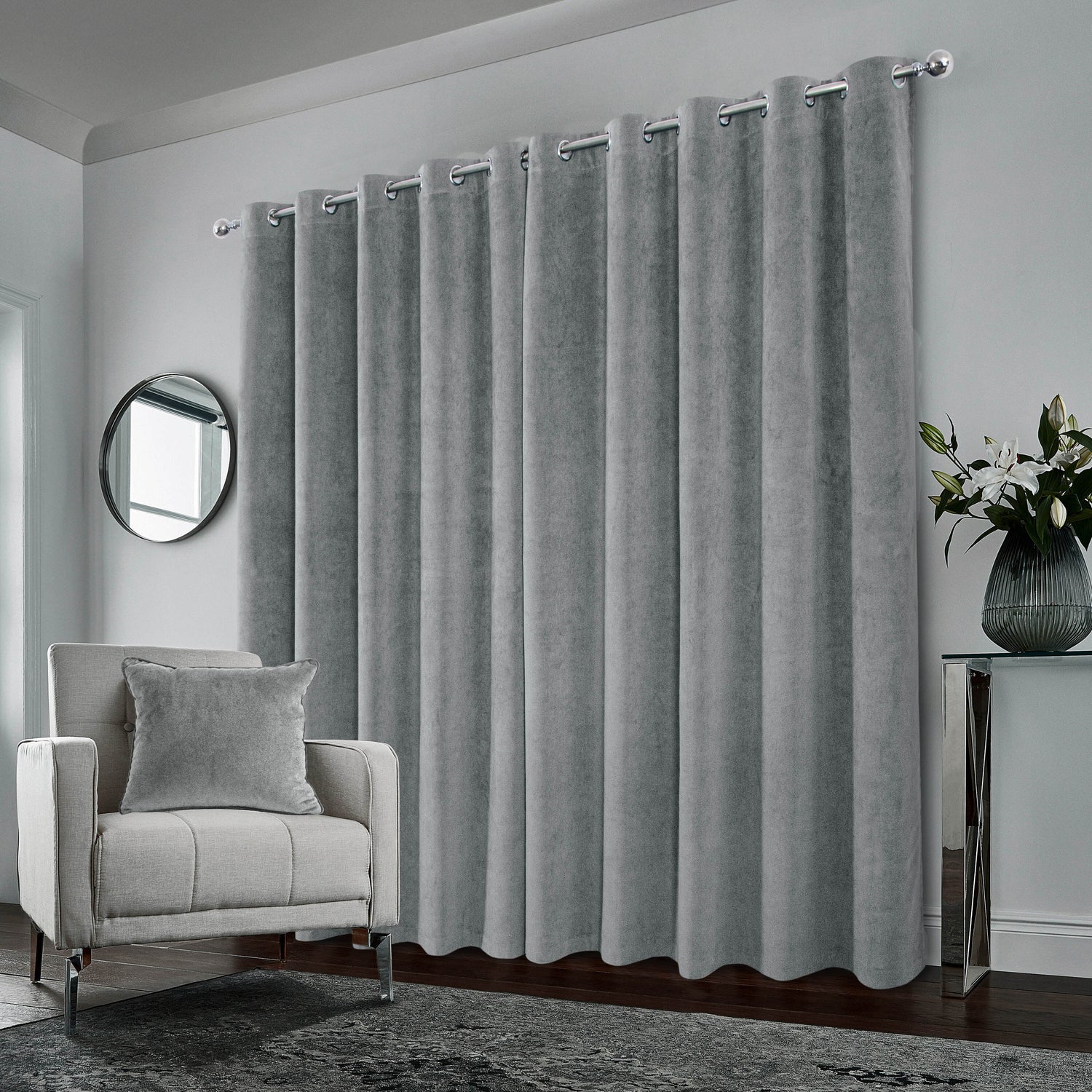 Hampton Velvet Blackout Ready Made Eyelet Curtains Grey