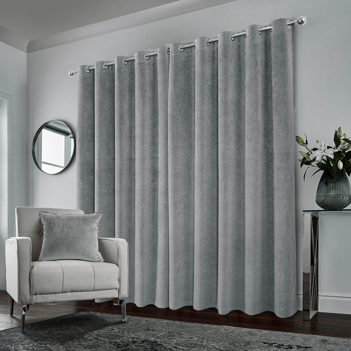 Hampton Velvet Blackout Ready Made Eyelet Curtains Grey