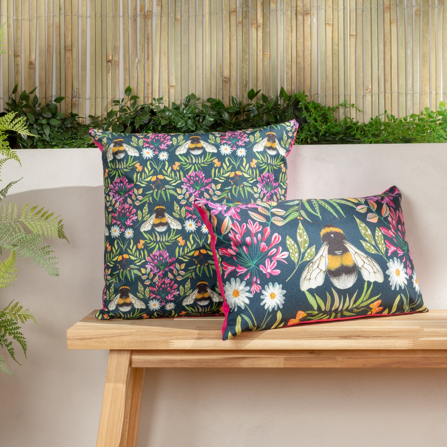 House Of Bloom Zinnia Bee Outdoor Filled Cushion 43cm x 43cm Navy