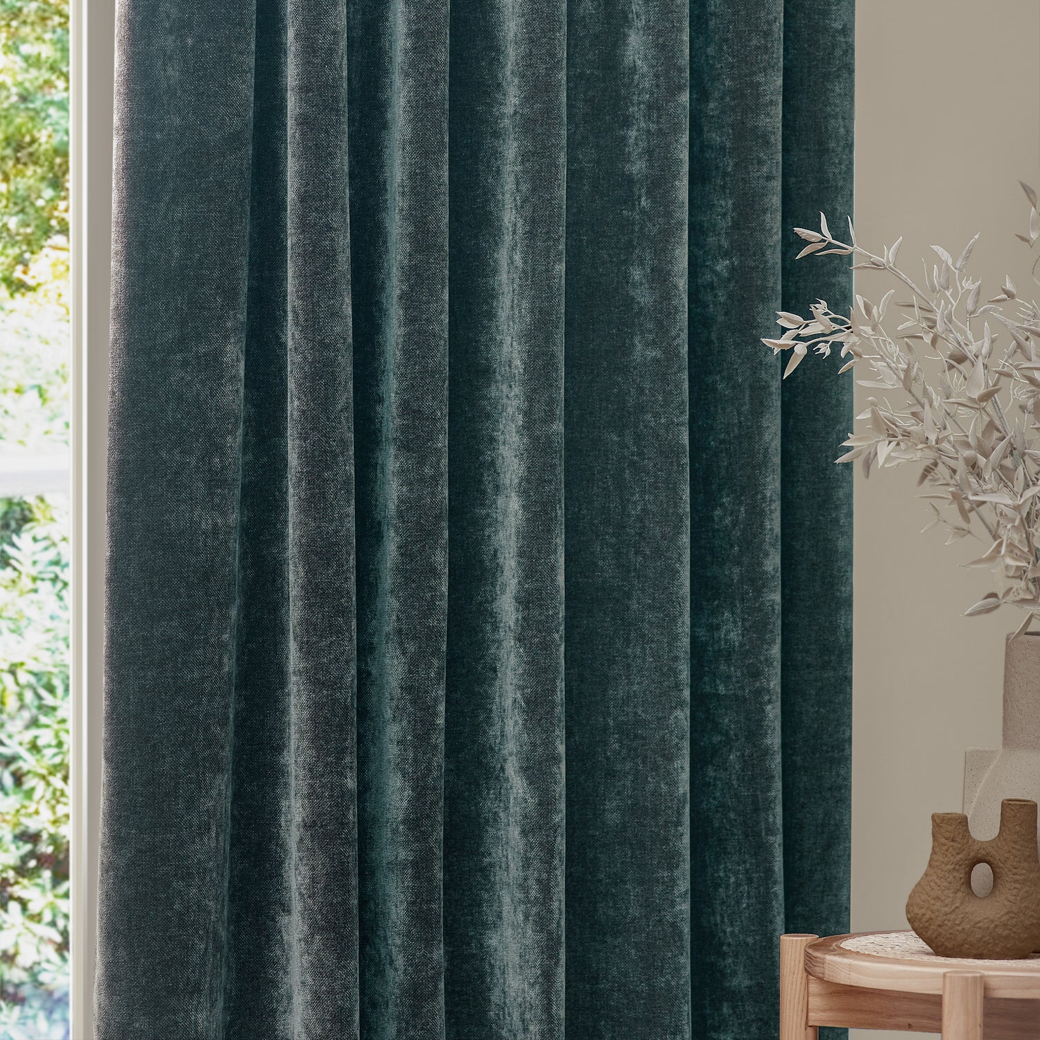Yard Heavy Chenille Velvet Ready Made Pencil Pleat Curtains Marine