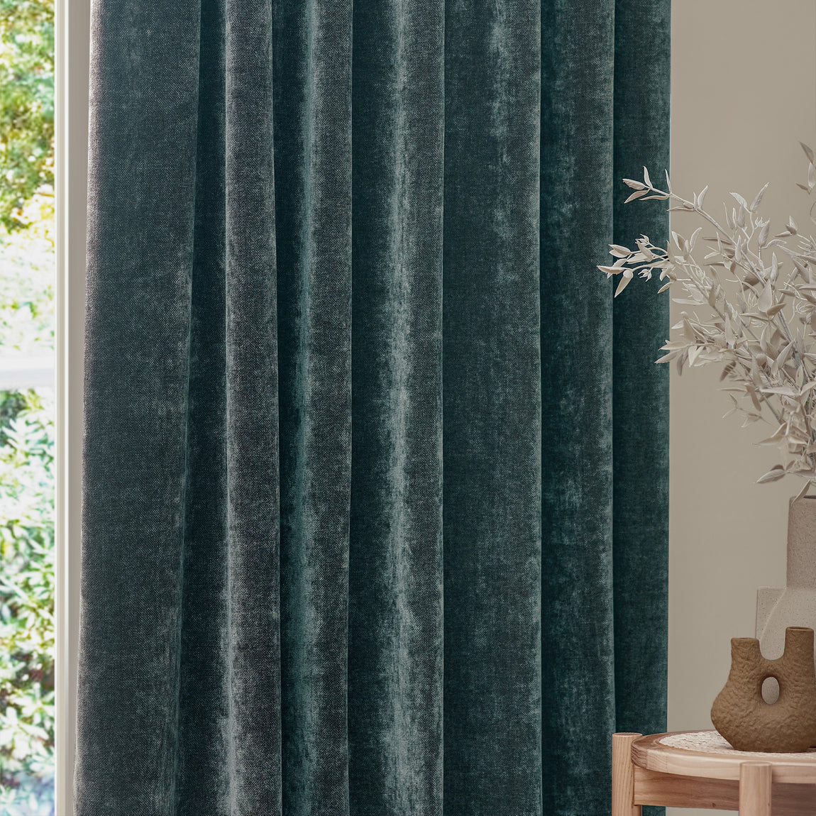 Yard Heavy Chenille Velvet Ready Made Pencil Pleat Curtains Marine