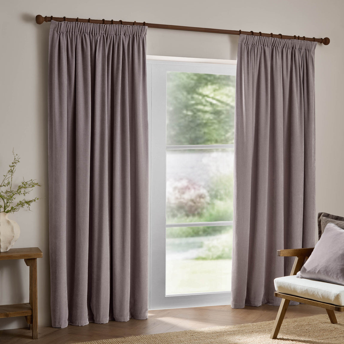 Yard Heavy Chenille Ready Made Pencil Pleat Curtains Mauve