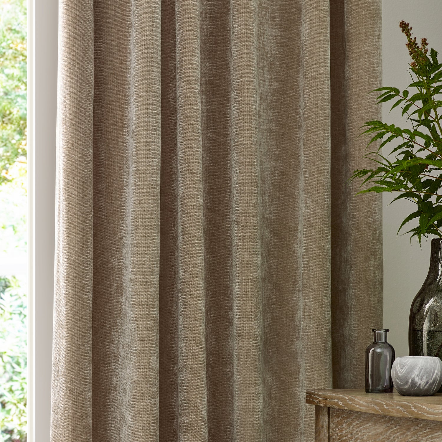 Yard Heavy Chenille Velvet Ready Made Pencil Pleat Curtains Natural