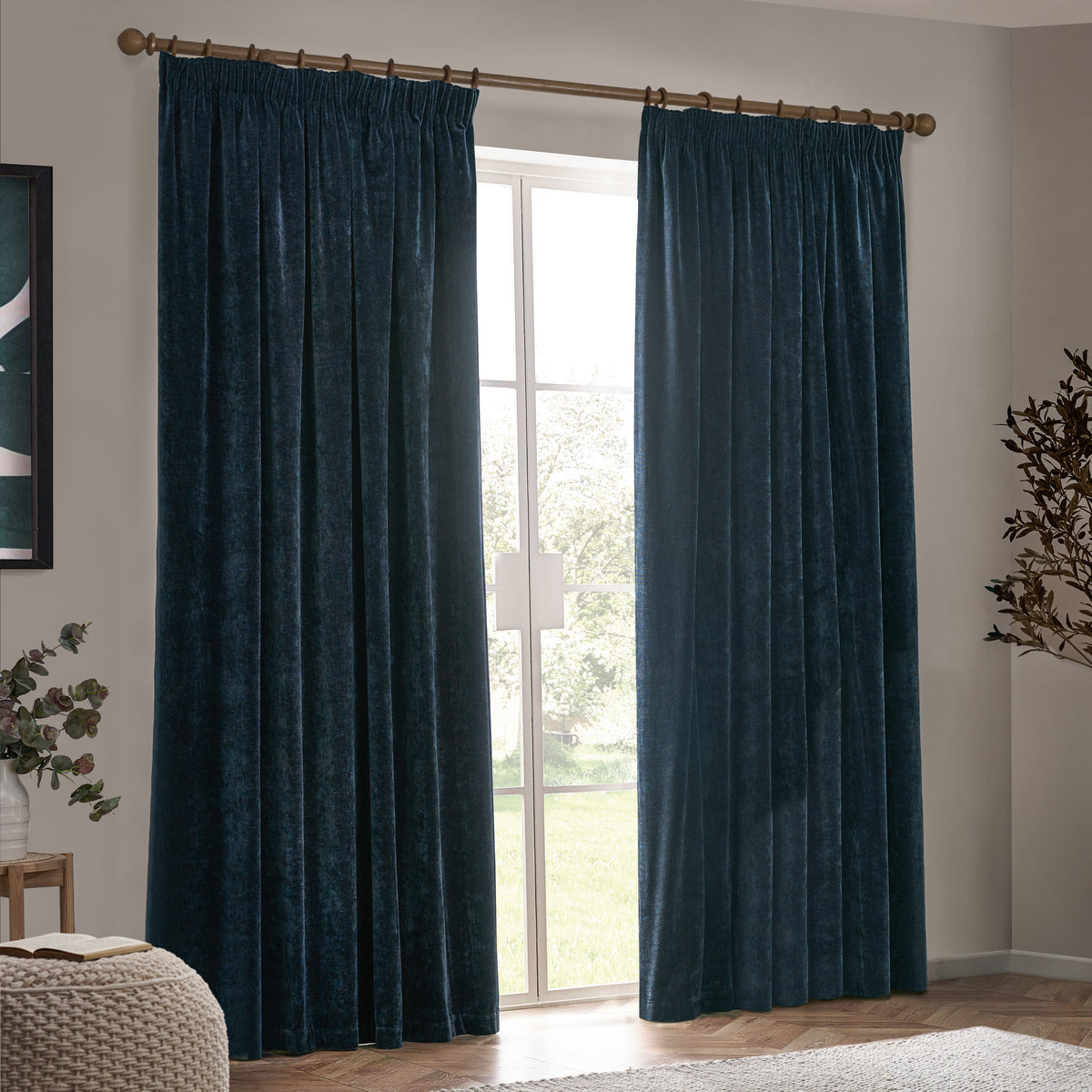Yard Heavy Chenille Velvet Ready Made Pencil Pleat Curtains Navy