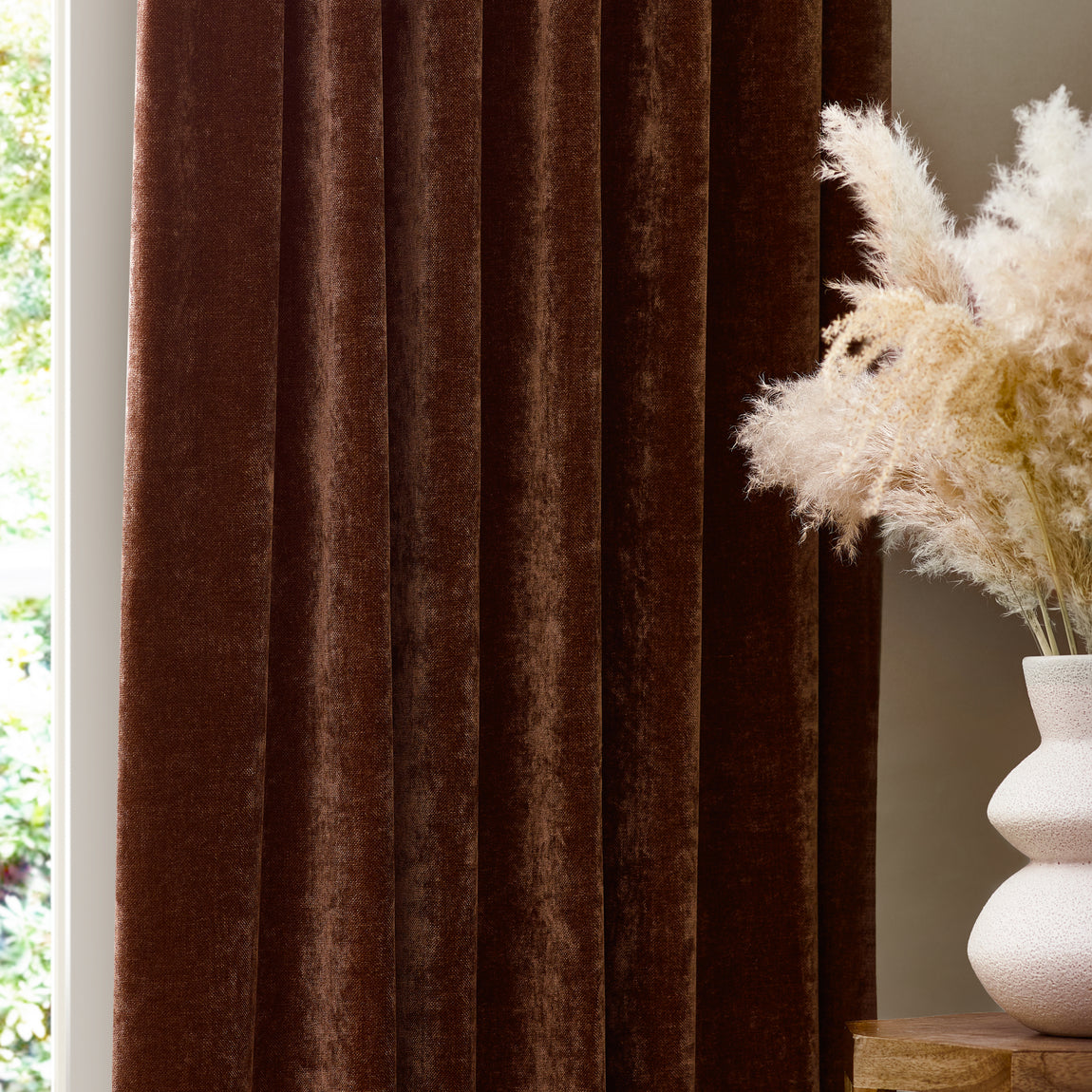 Yard Heavy Chenille Velvet Ready Made Pencil Pleat Curtains Nutmeg